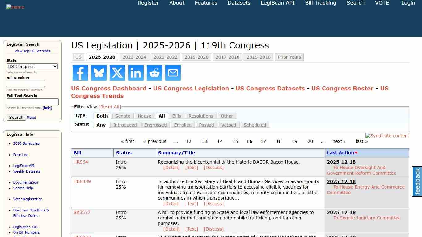 US Legislation 2025-2026 119th Congress LegiScan